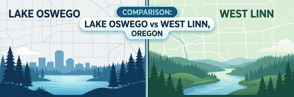 Side-by-side comparison infographic of Lake Oswego and West Linn, Oregon highlighting population, vibe, schools, home prices, features, parks, and location.